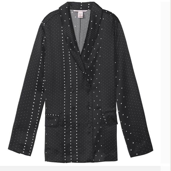 NWOT Victoria’s Secret Black Satin Dot Smoking Jacket with Pockets Size Large - Picture 3 of 9
